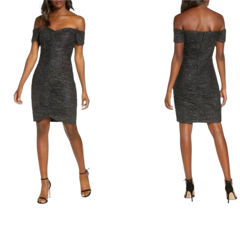 Eliza J Black Glitter Sparkle Ruched Dress Off Shoulder Womens 12 NWT